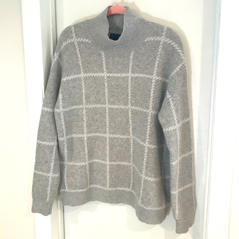 RACHEL ZOE Plaid Print Turtleneck Grey Sparkle Sweater size Large